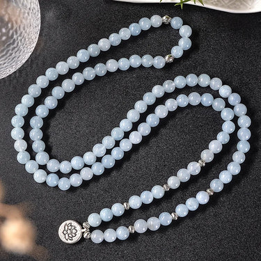 108 Natural White Chalcedony Beads Mala with Leaf Lotus Buddha Charm